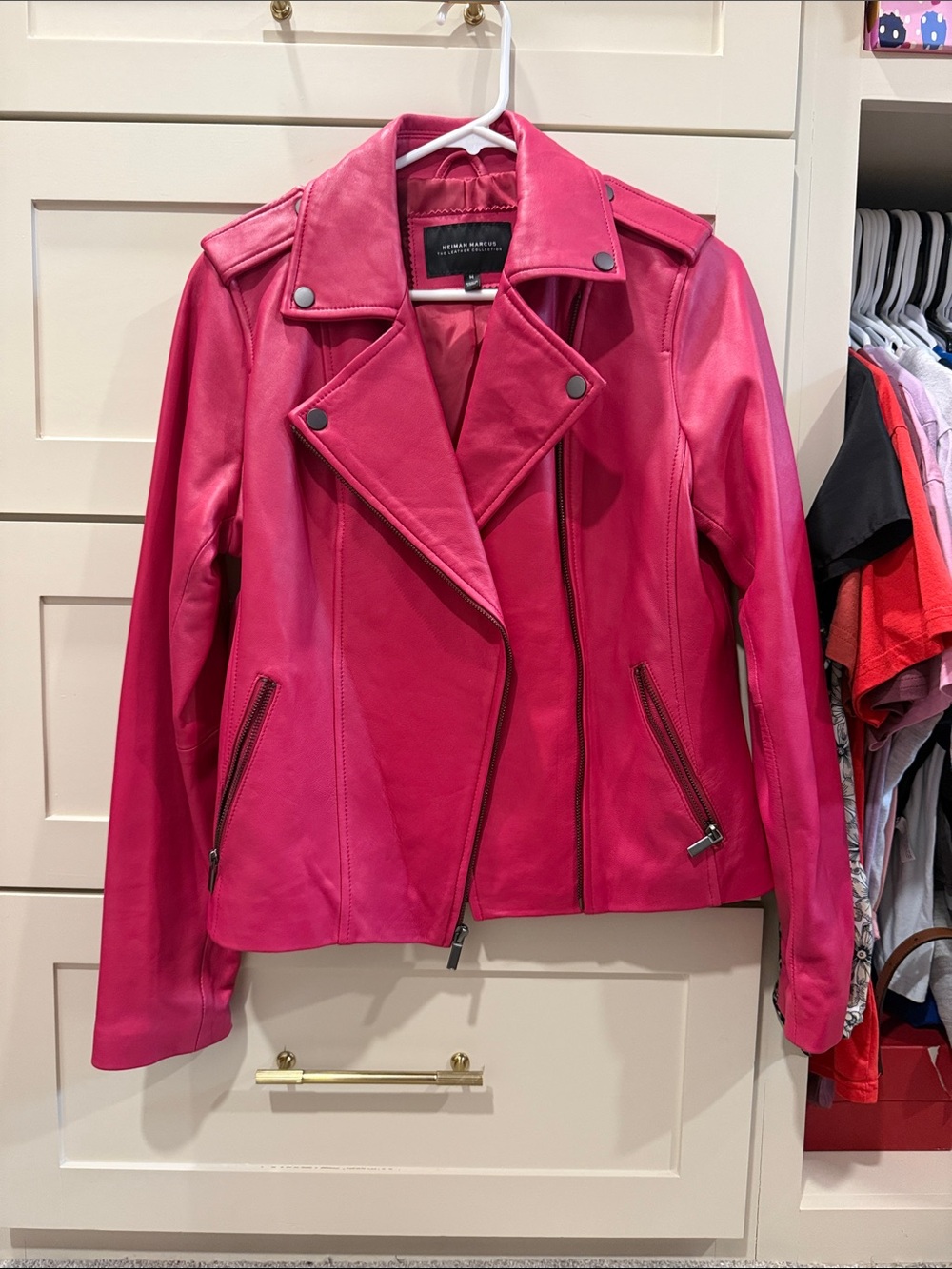 Neiman Marcus Hot Pink Leather Moto Jacket 100%